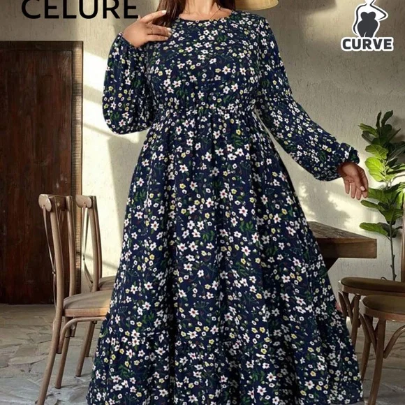 *Sold NWOT SHEIN Navy Blue Ruffled Tiered Floral Maxi Sundress Bishop Sleeve 2XL - Picture 1 of 12